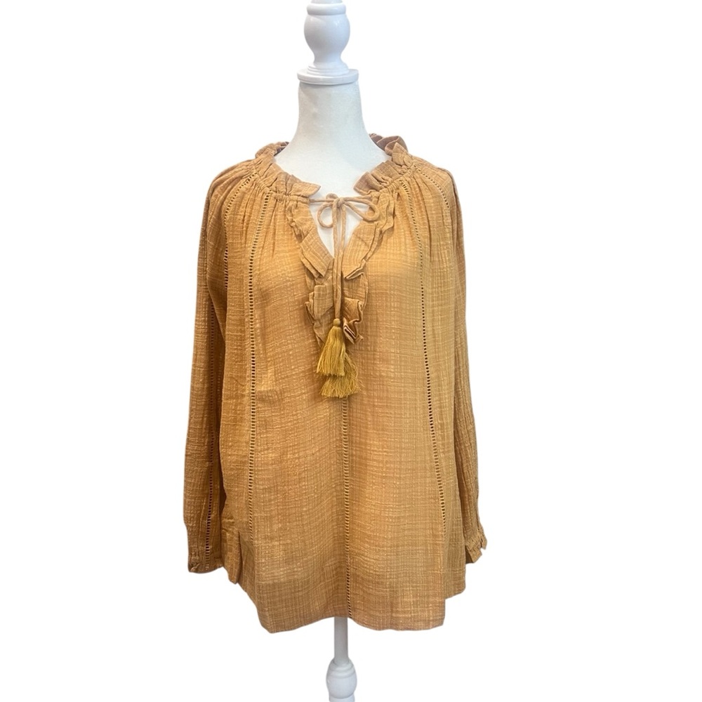 Sundance Golden Tan Artist Blouse‎ Tunic Tassel Accents Size Medium